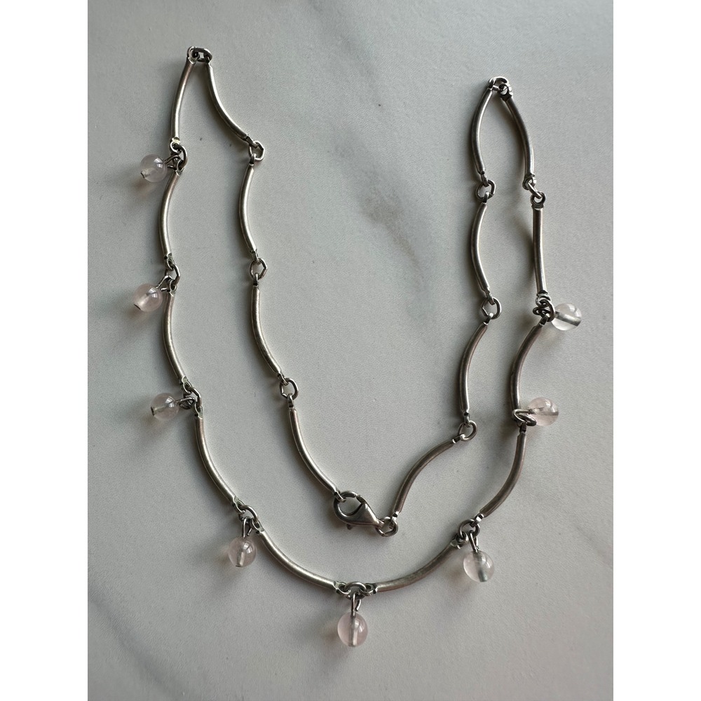 Y2K 925 Sterling Silver Rose Quartz Bar‎ Link Dangle Bead Necklace 16 Inch